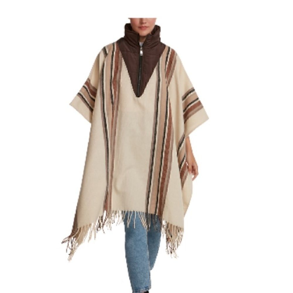 New Steve Madden Women's Striped Puffcho Tan)sweater, top, cold weather, shirt